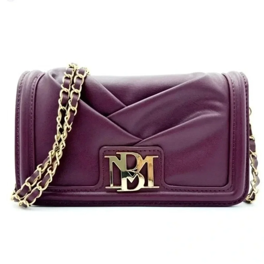 BADGLEY MISCHKA Pleated Crossbody Bag Plum Vegan Leather Braid Chain‎ Strap NEW